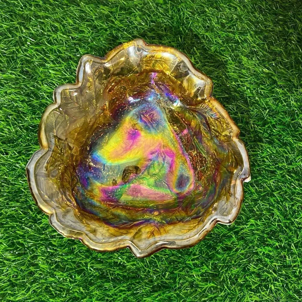 Vintage Carnival Glass Marigold Loganberry Leaf Pattern Sculpted Top Relish Dish